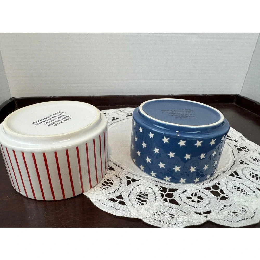 Stoneware Patriotic Stars and‎ Stripes Ramekin Set Red White Blue Bowls 2pc